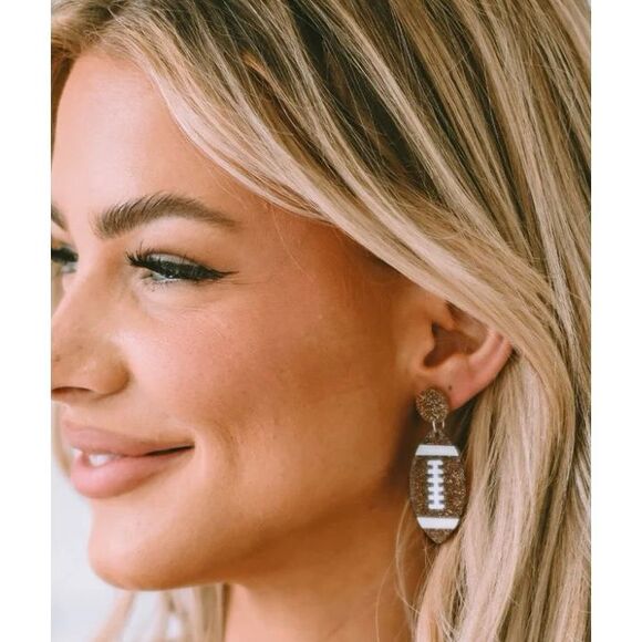 NWT Brown Glittery Game Day Football Dangle Drop Earrings - Picture 1 of 6